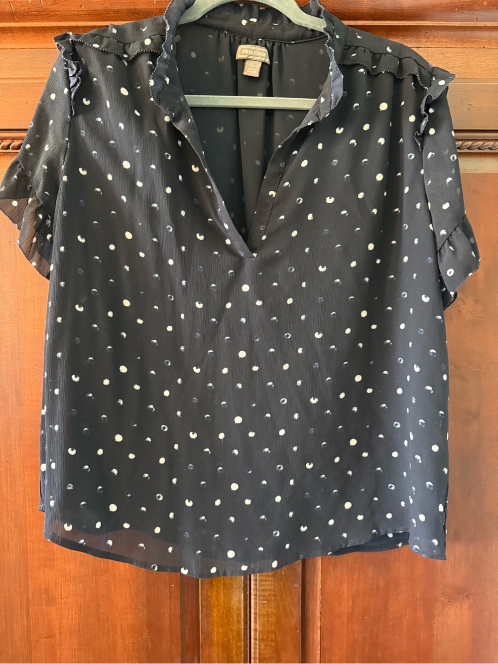 Point Sur Navy Polka Dot V-Neck Ruffle Sleeve Blouse